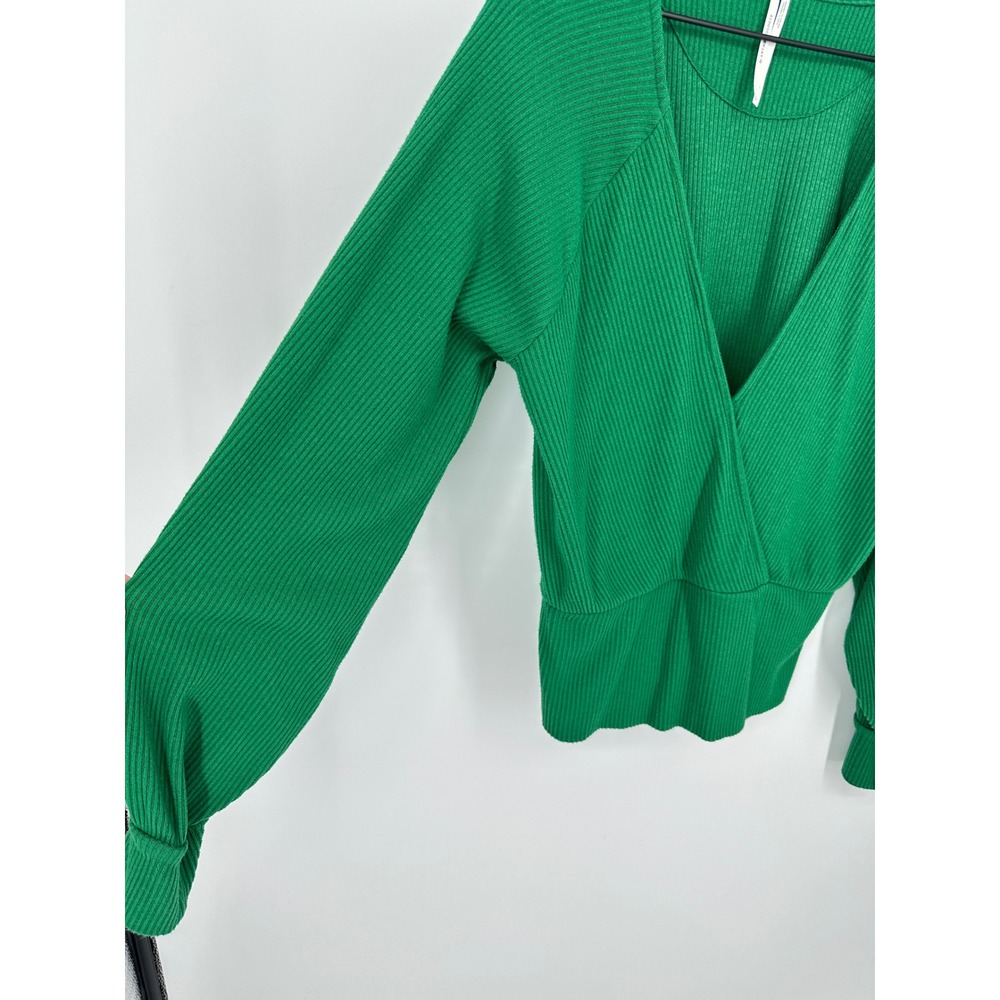 Anthropologie Top Womens Large Green Ribbed Surplice Balloon Work Office - Picture 3 of 9
